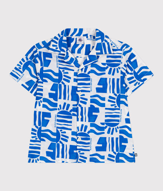 Children's short-sleeved printed cotton shirt MARSHMALLOW blue/PORCELANA