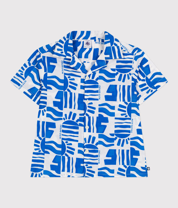 Children's short-sleeved printed cotton shirt blue/blue