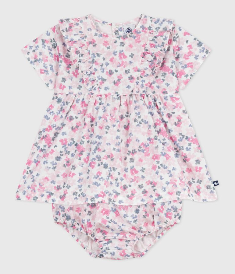 Babies' short-sleeved printed cotton dress with matching bloomers MARSHMALLOW white/MULTICO white