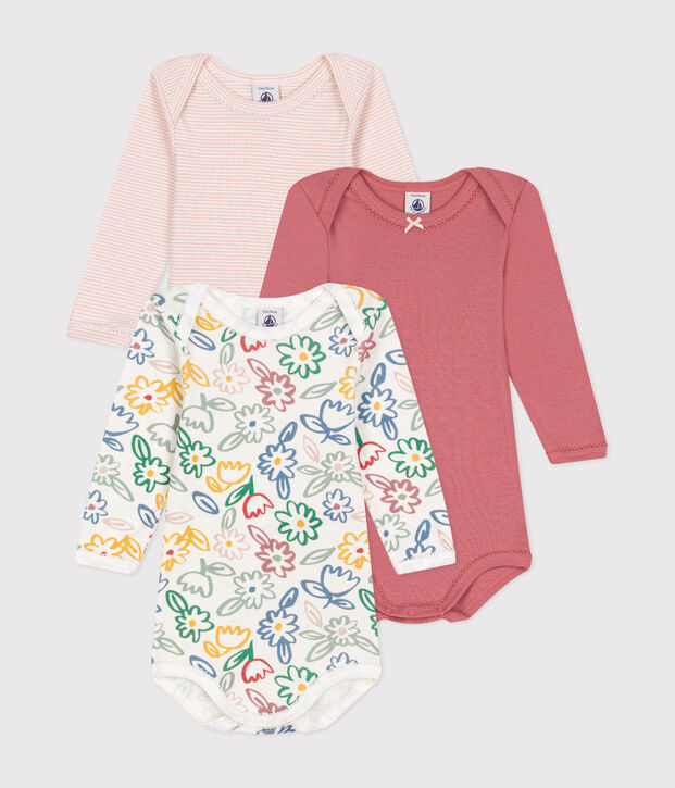 Babies' long-sleeved floral cotton bodysuits - 3-pack multicolor