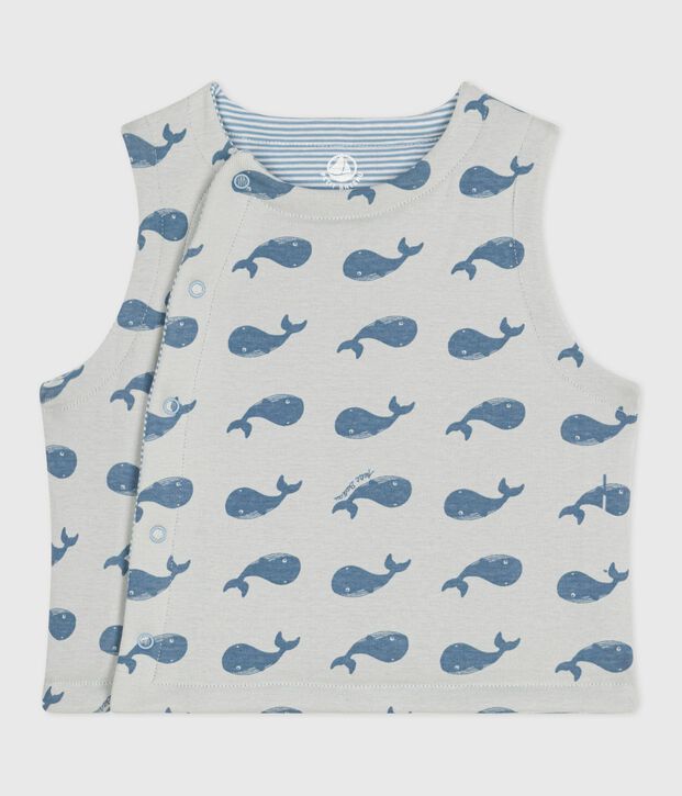 Babies' sleeveless reversible whale-print cotton cardigan blue/blue