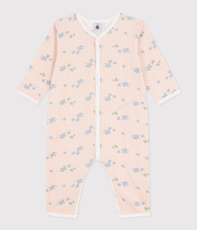 Babies' footless cotton pyjama suit printed with elephants MARSHMALLOW white/MULTICO white