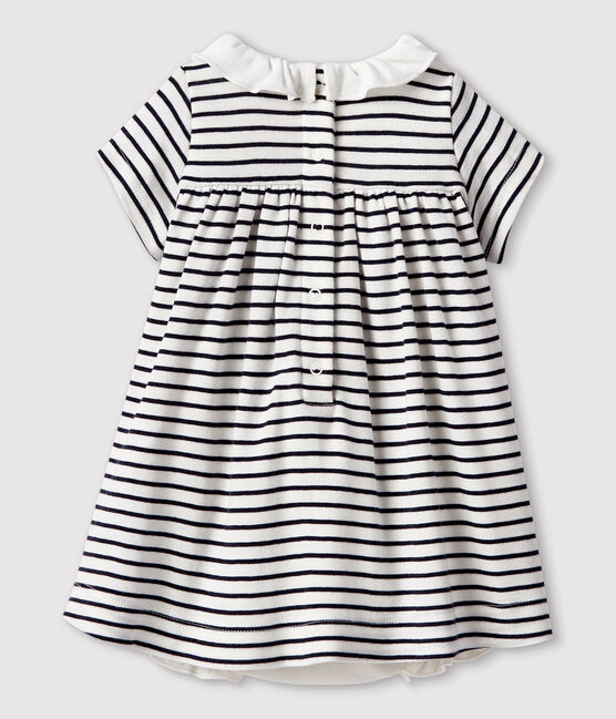 Baby girls' short-sleeved cotton bodysuit/dress MARSHMALLOW white/SMOKING blue