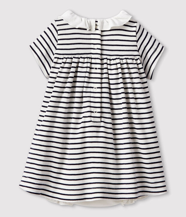 Baby girls' short-sleeved cotton bodysuit/dress white/blue