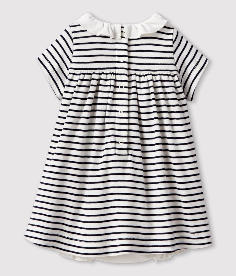 Baby girls' short-sleeved cotton bodysuit/dress white/blue