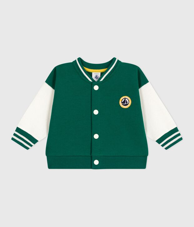 Babies' varsity-style cotton jacket in two colours green/ecru