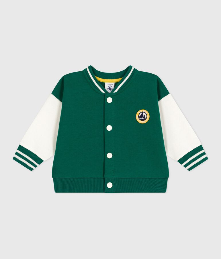 Babies' varsity-style cotton jacket in two colours green/ecru
