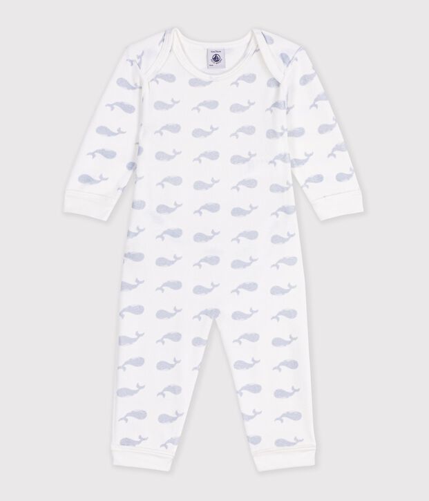 Babies' whale-print velour popper-free pyjamas white/blue