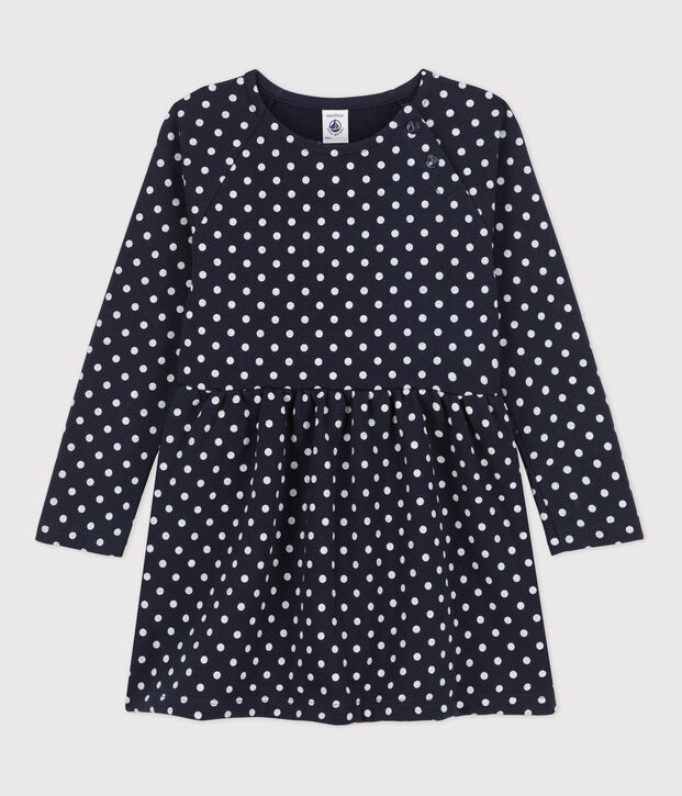 Girls' Long-Sleeved Spotted Fleece Dress blue/ecru