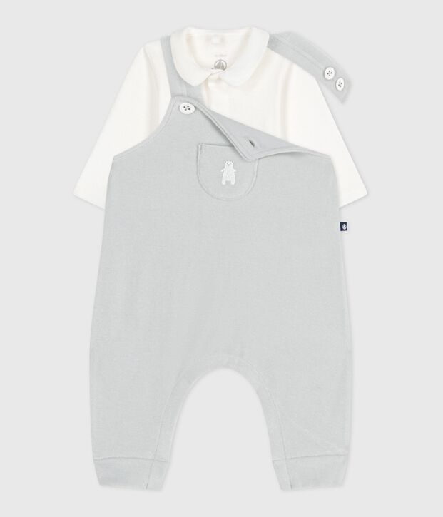 Babies' dungarees in plain cotton with stylish details blue/white