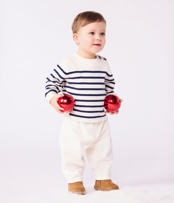 Babies' stripy wool and cotton sailor-style jumper MARSHMALLOW blue/SOIR