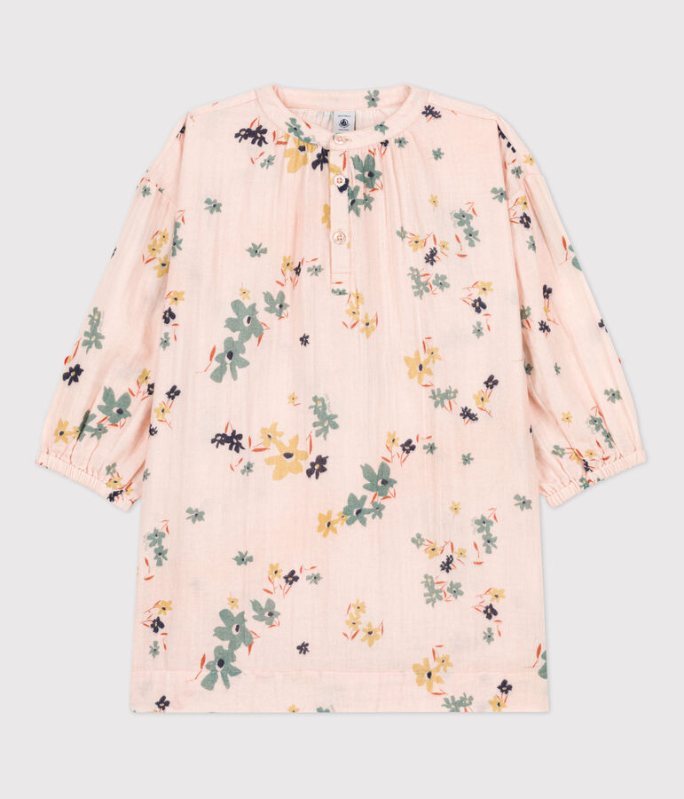 Girls' Long-Sleeved Cotton Gauze Dress SALINE pink/MULTICO white