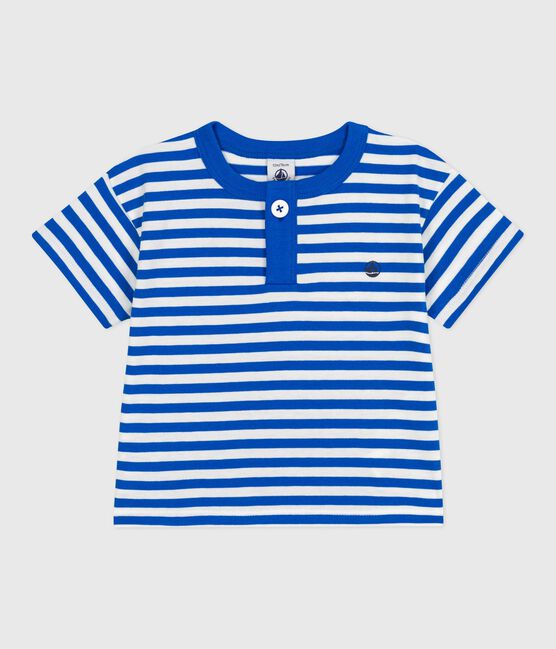 Babies' short-sleeved stripy cotton T-shirt PORCELANA blue/MARSHMALLOW