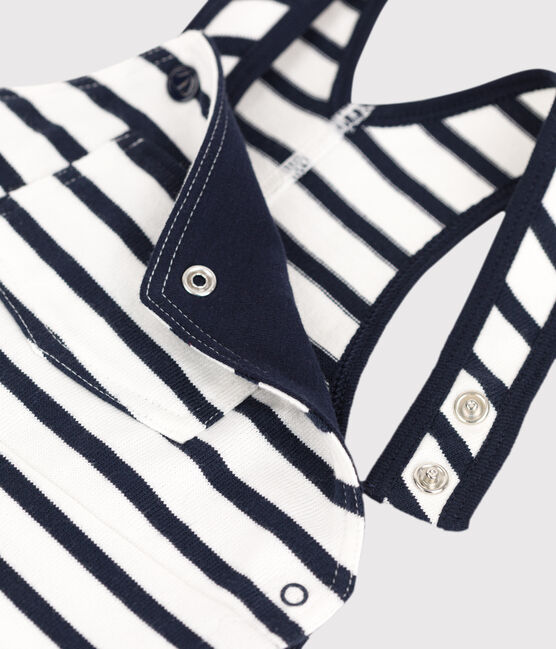Babies' Stripy Thick Jersey Breton Dungarees MARSHMALLOW white/SMOKING blue