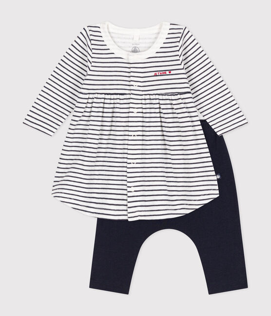 Babies' cotton Breton dress with leggings MARSHMALLOW white/SMOKING blue