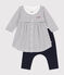 Babies' cotton Breton dress with leggings MARSHMALLOW white/SMOKING blue