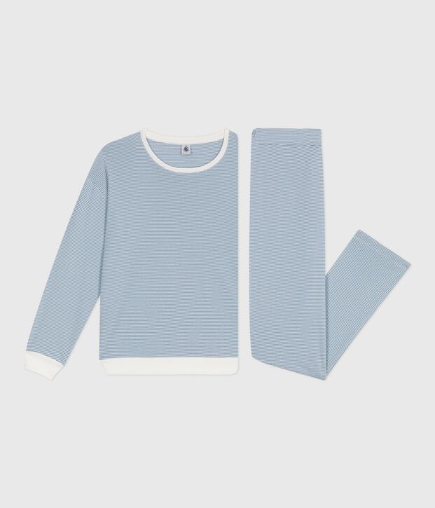 Women's stripy cotton pyjamas blue/white