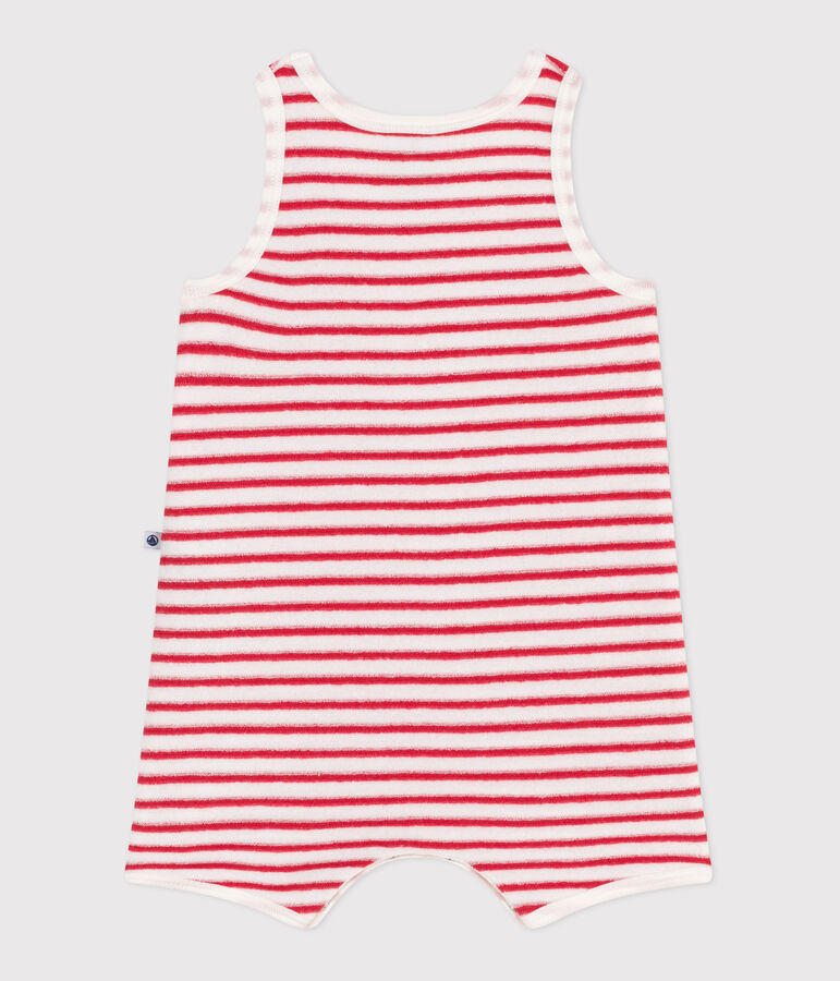 Babies' short stripy cotton jumpsuit white/red