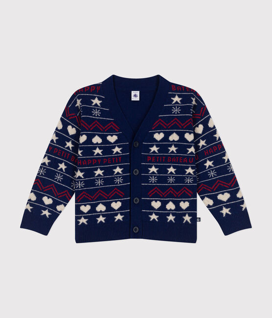 Boys' wool jacquard and cotton cardigan MEDIEVAL blue/MULTICO white