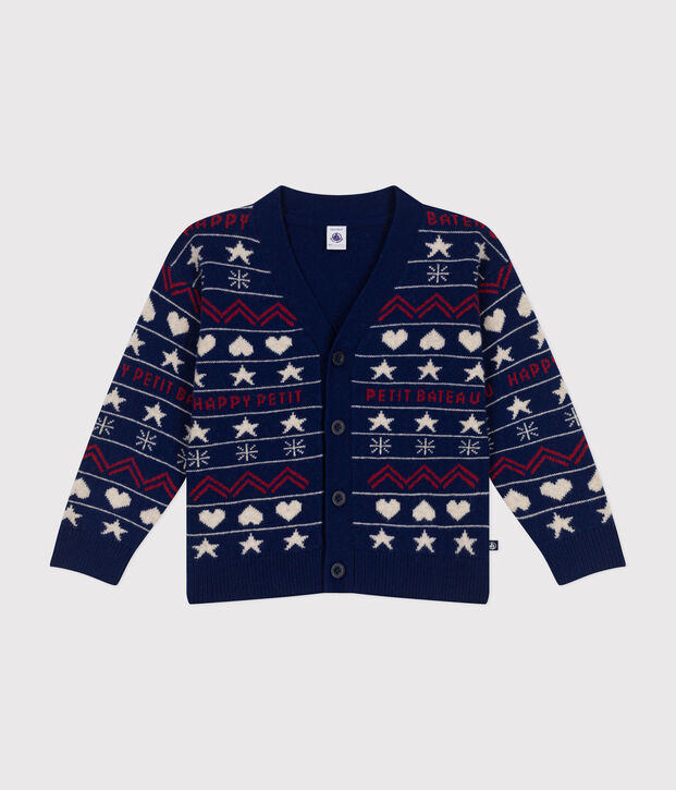 Boys' wool jacquard and cotton cardigan blue/multicolor