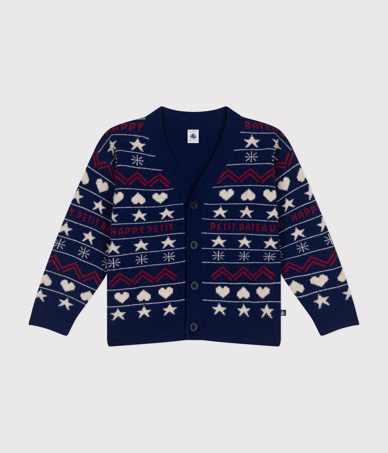 Boys' wool jacquard and cotton cardigan MEDIEVAL blue/MULTICO white