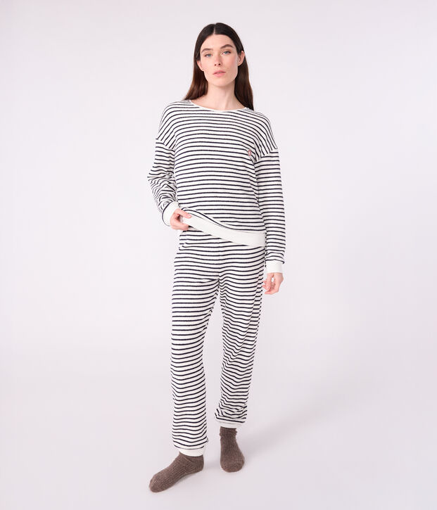 Women's stripy cotton terry pyjamas blue/blue