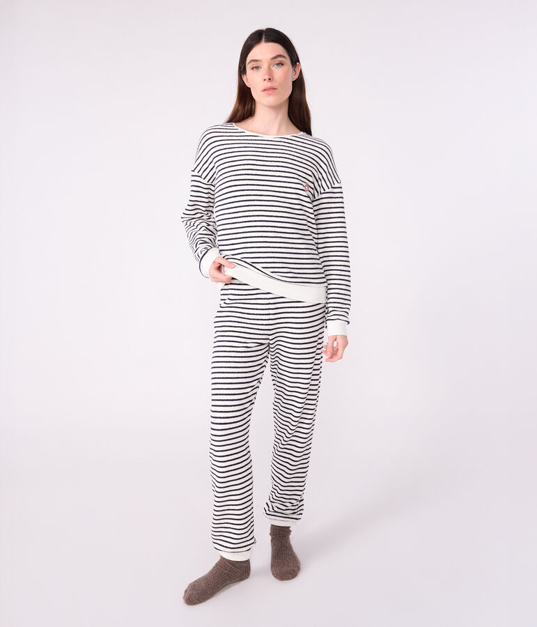 Women's stripy cotton terry pyjamas Ecru/blue