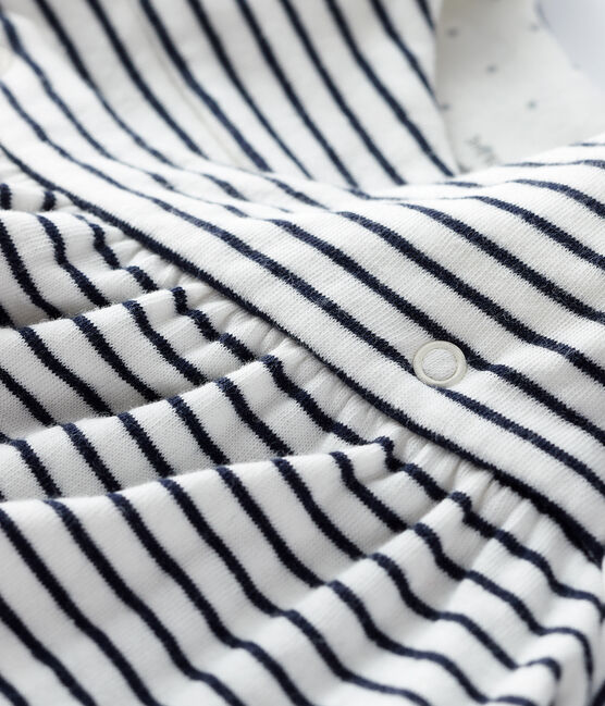 Baby Girls' Long-Sleeved Tube-Knit Striped Dress MARSHMALLOW white/SMOKING blue