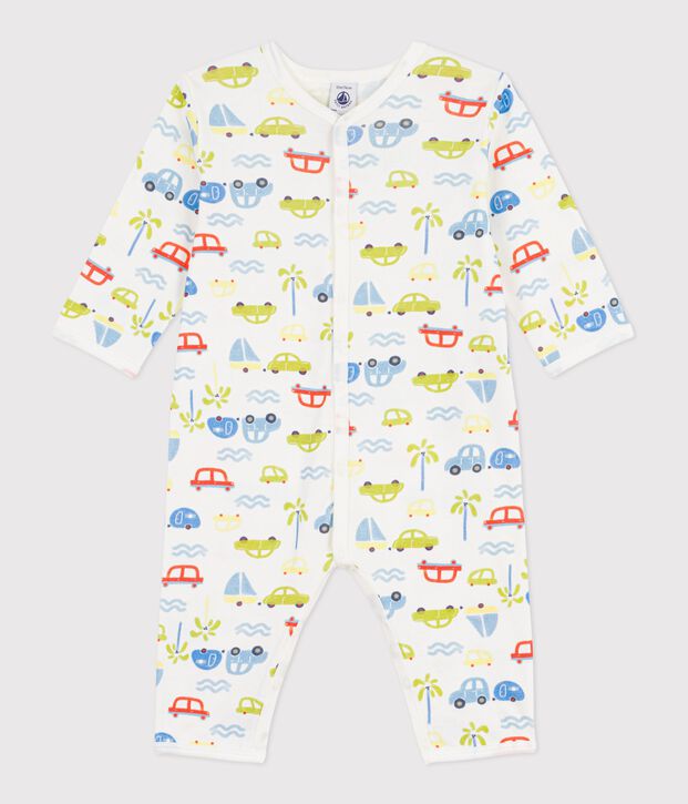 Babies' footless cotton pyjama suit with a motor car print white/multicolor