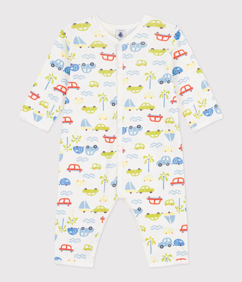 Babies' footless cotton pyjama suit with a motor car print MARSHMALLOW white/MULTICO white