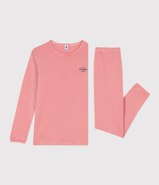 Boys' Striped Cotton Pyjamas OURSIN orange/MARSHMALLOW white