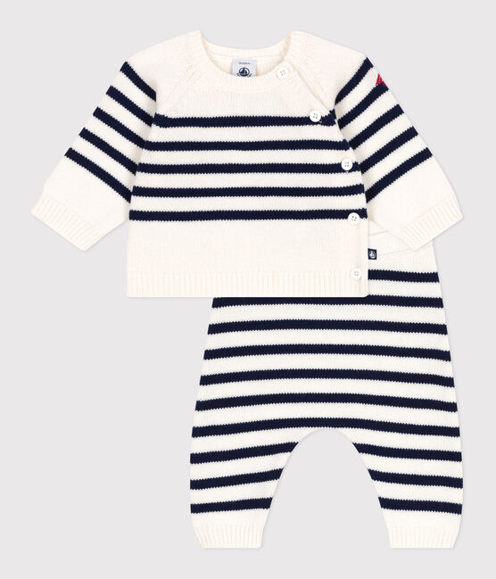 Babies' 2-piece stripy knit Breton top outfit MARSHMALLOW blue/SOIR