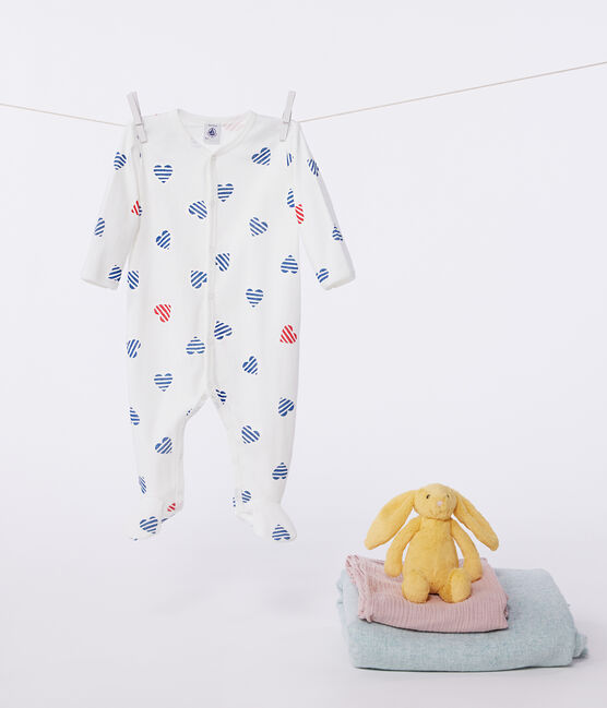 Babies' stripy heart-patterned cotton pyjamas MARSHMALLOW white/MULTICO white