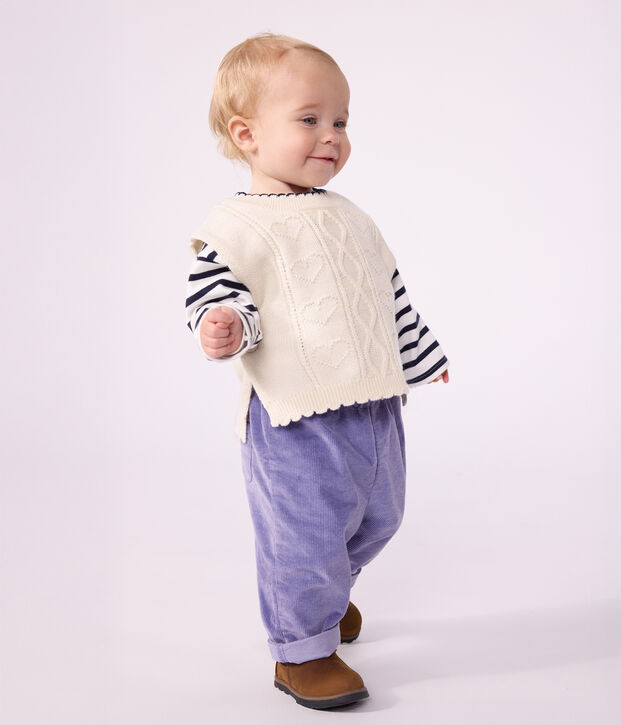 Babies' sleeveless wool and cotton knit jumper. white