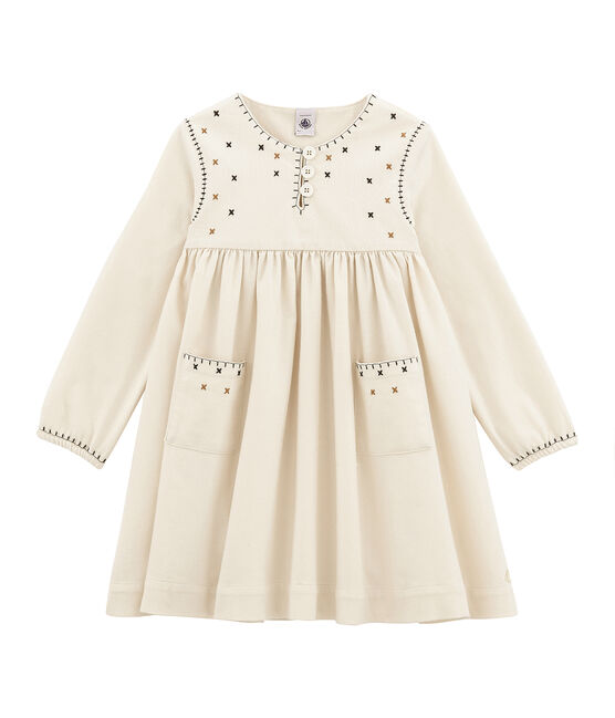 Girl's long sleeved dress with embroidery MARSHMALLOW white