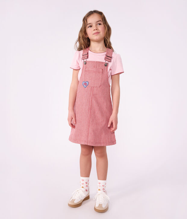 Children's stripy cotton pinafore dress pink/pink