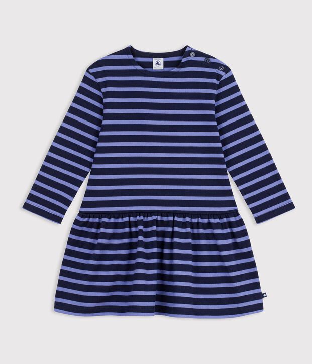 Children's long-sleeved stripy cotton dress blue/real