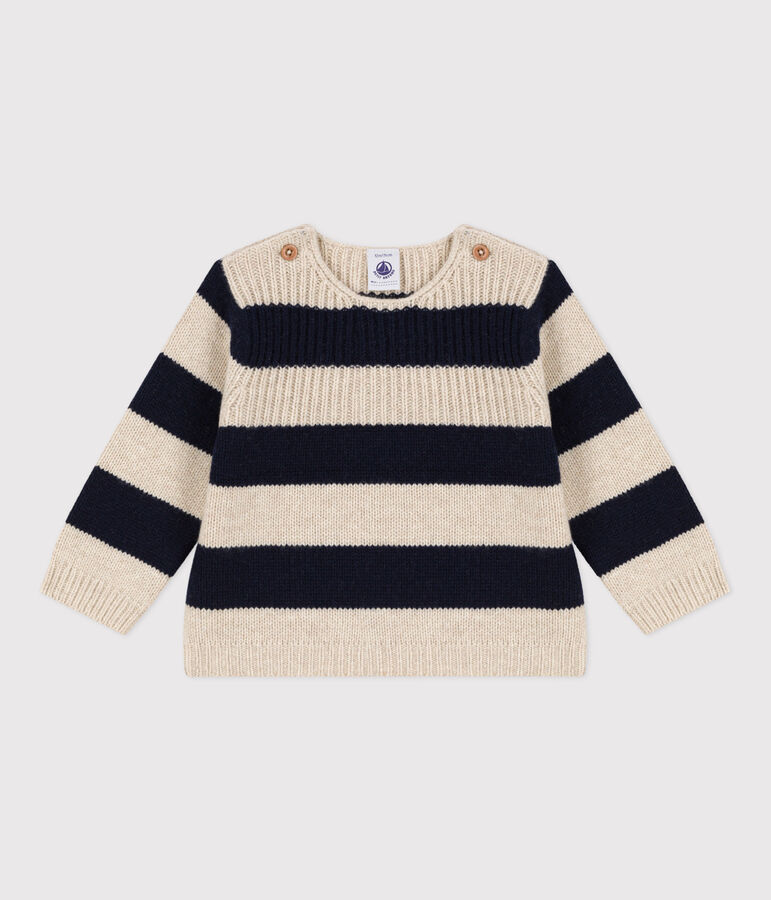 Wool knit and cotton jumper for baby Ecru/blue