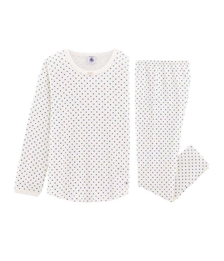 Girls' Ribbed Pyjamas MARSHMALLOW white/MAJOR CN blue