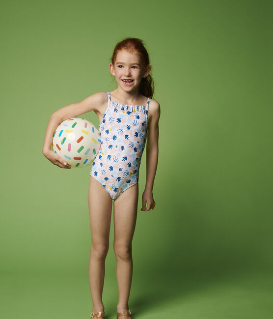 Girls' One-Piece Recycled Swimsuit MARSHMALLOW white/MULTICO white