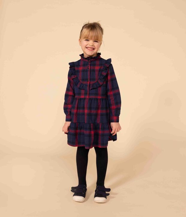 Girls' long-sleeved checked dress in checked cotton flannel blue/multicolor