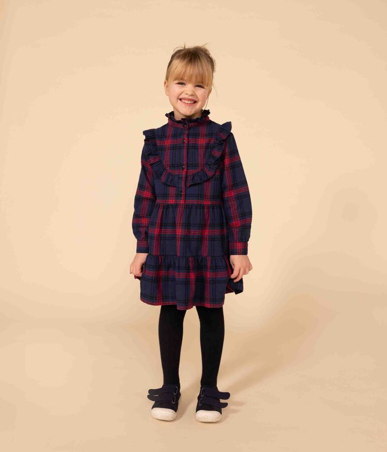 Girls' long-sleeved checked dress in checked cotton flannel blue/multicolor