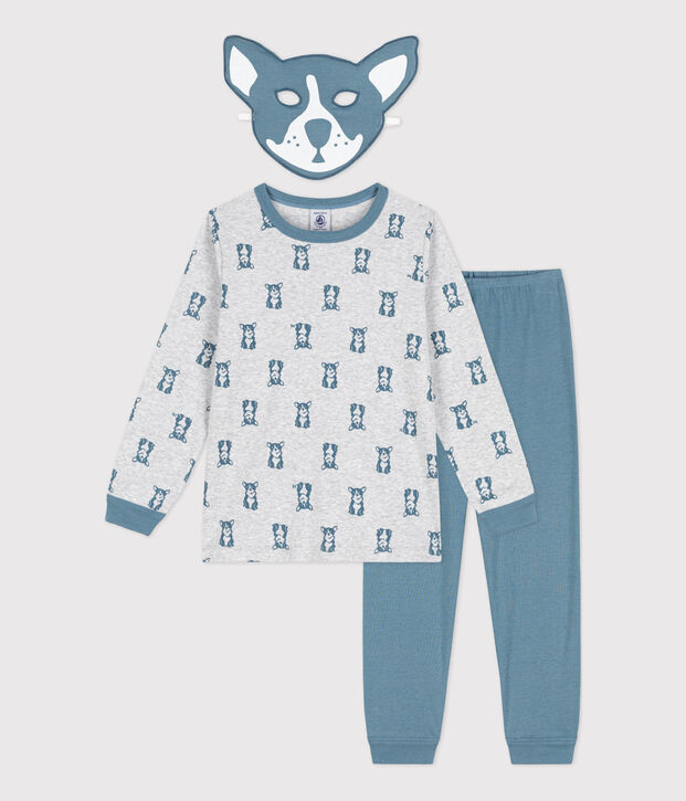 Children's dog pattern cotton pyjamas with mask grey/blue