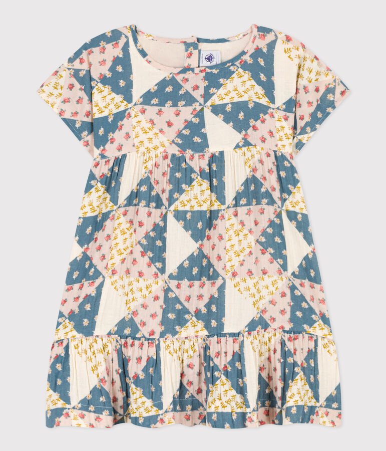 Girls' short-sleeved cotton gauze dress Ecru/multicolor