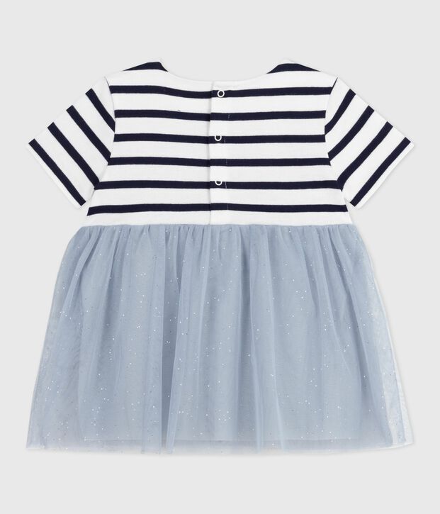 Babies' short-sleeved dress in two materials blue/multicolor