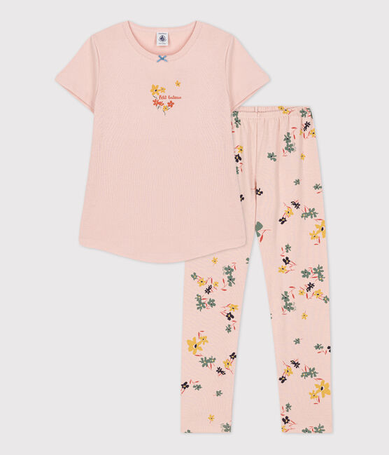 Girls' Floral Short-Sleeved Cotton Pyjamas SALINE pink/MULTICO white