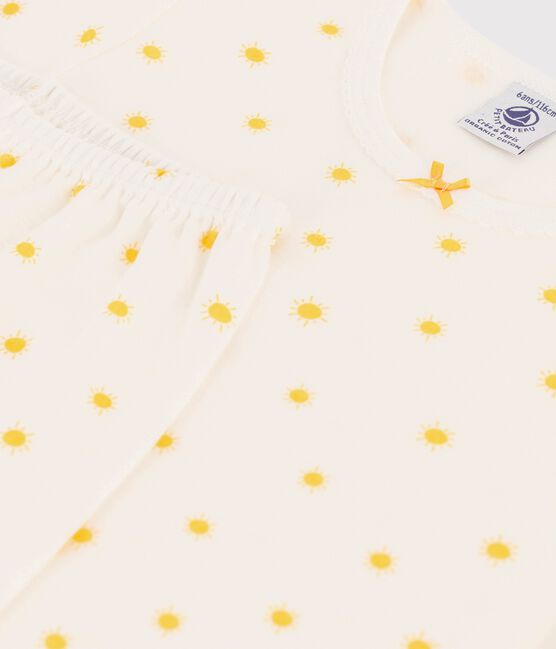 Girls' Sun Themed Short-Sleeved Organic Cotton Pyjamas MARSHMALLOW white/ORGE