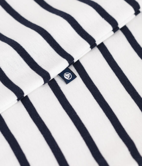 Babies' short-sleeved stripy cotton playsuit with a contrast collar MARSHMALLOW white/SMOKING blue