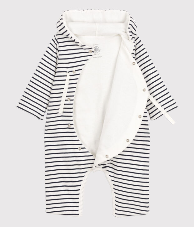 Babies' Hooded Sailor Striped Cotton Jumpsuit white/blue