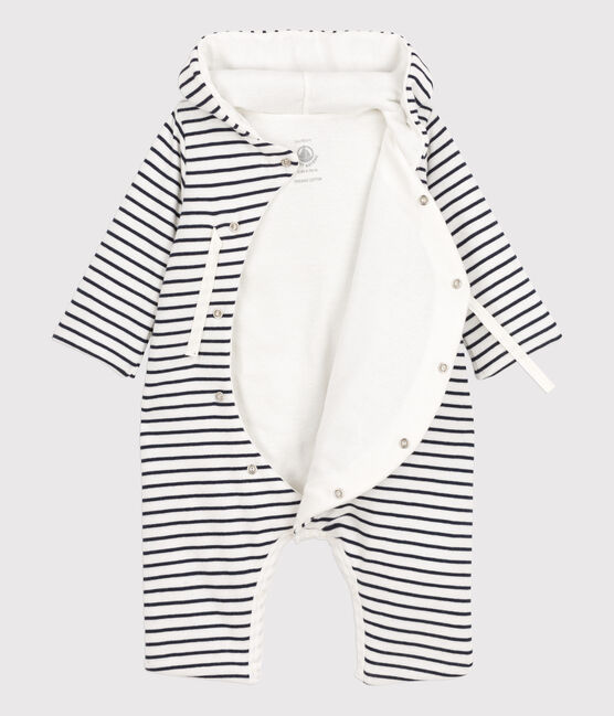 Babies' Hooded Sailor Striped Cotton Jumpsuit MARSHMALLOW white/SMOKING blue